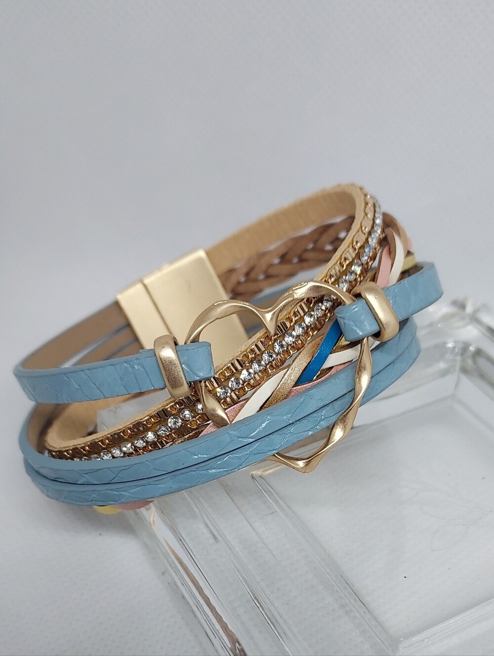 Boho Heart & Faux Leather Multi-Strand Wrap Bracelet Blue With Gold Accents NWT